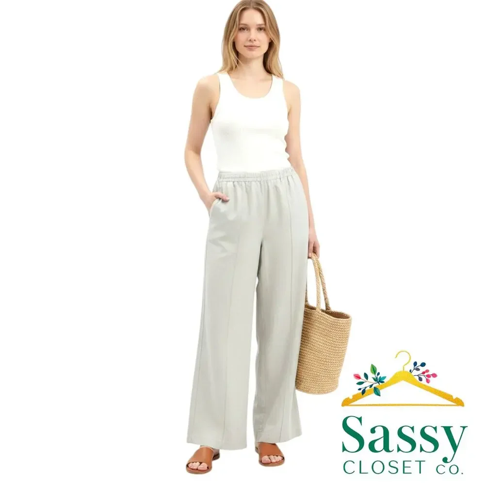 H&M Linen Blend Wide Leg Pants L Tan Smocked High Waist Pintuck Pleat